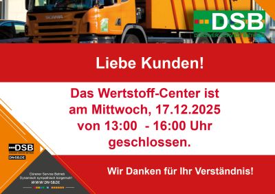 Wertstoff-Center am 17.12.2025 teilweise geschlossen